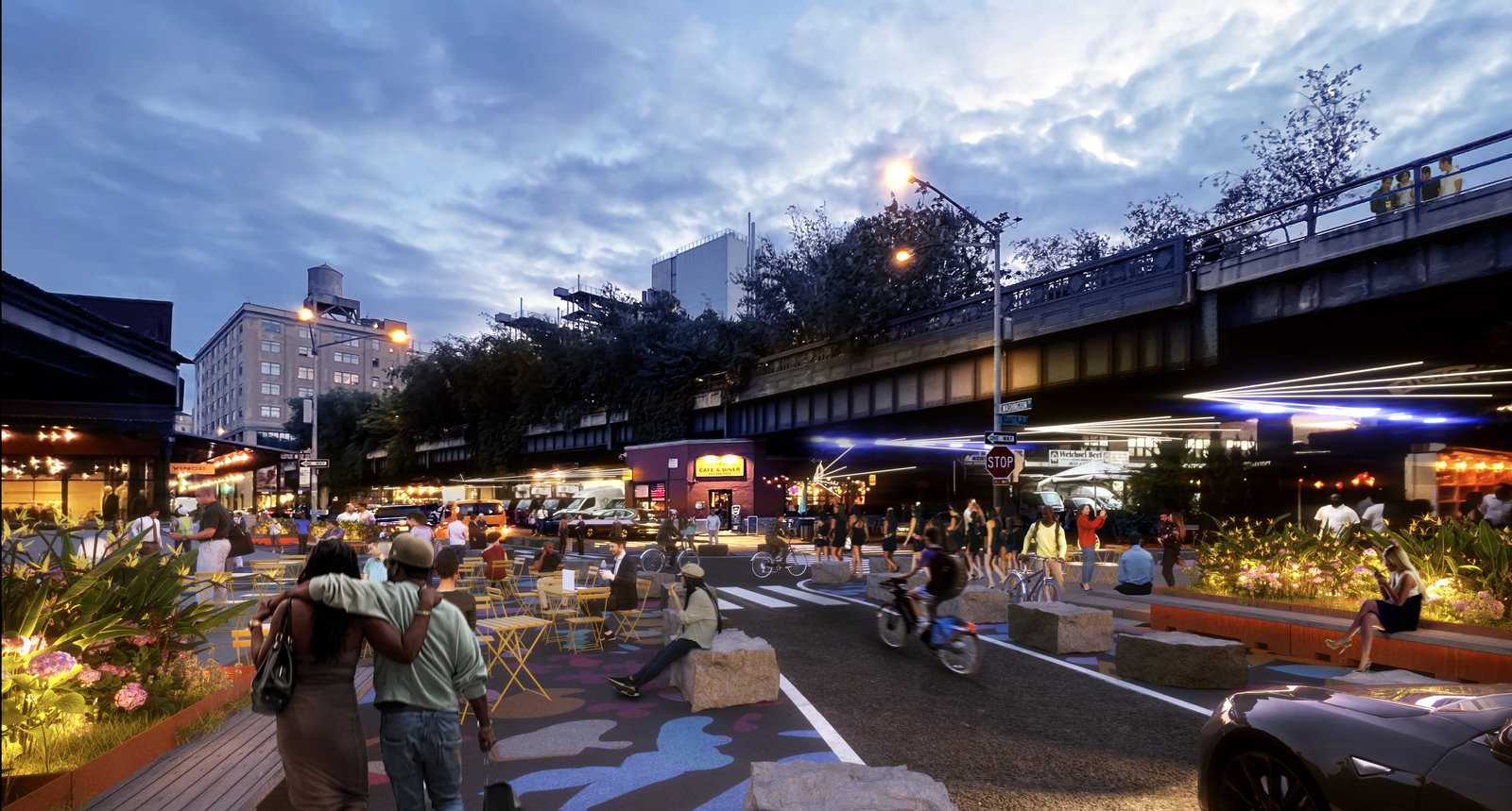 A rendering of Washington Street with outdoor seating, greenery, and evening lighting.