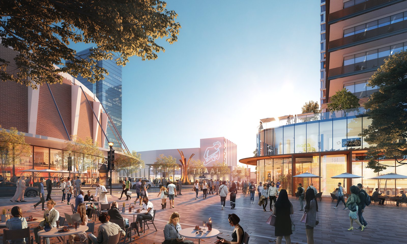 People enjoying an outdoor plaza with dining areas, shops, and modern buildings.