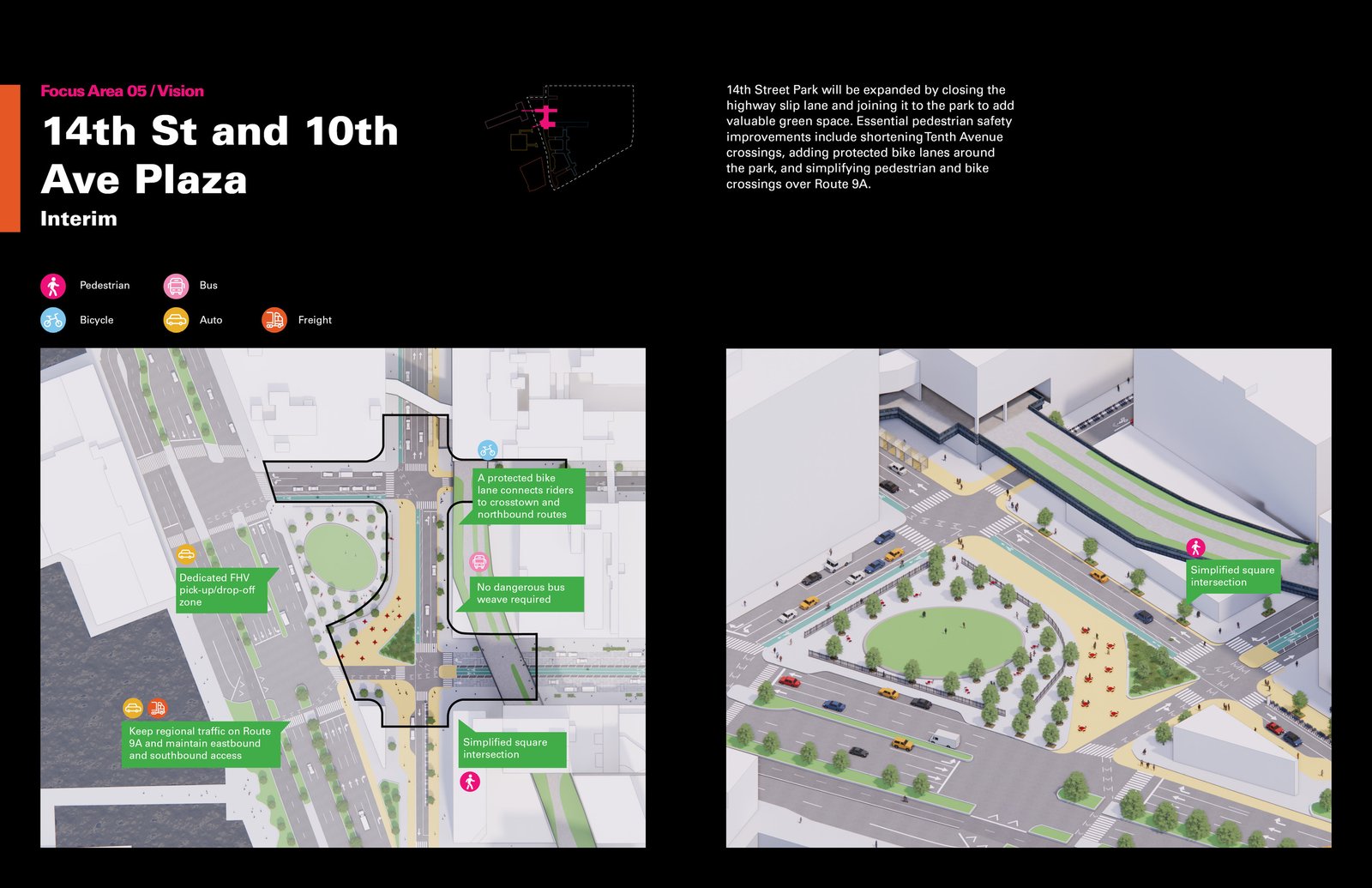 A diagram rendering of 14th Street and 10th Avenue Plaza with updated green space and bike lanes.