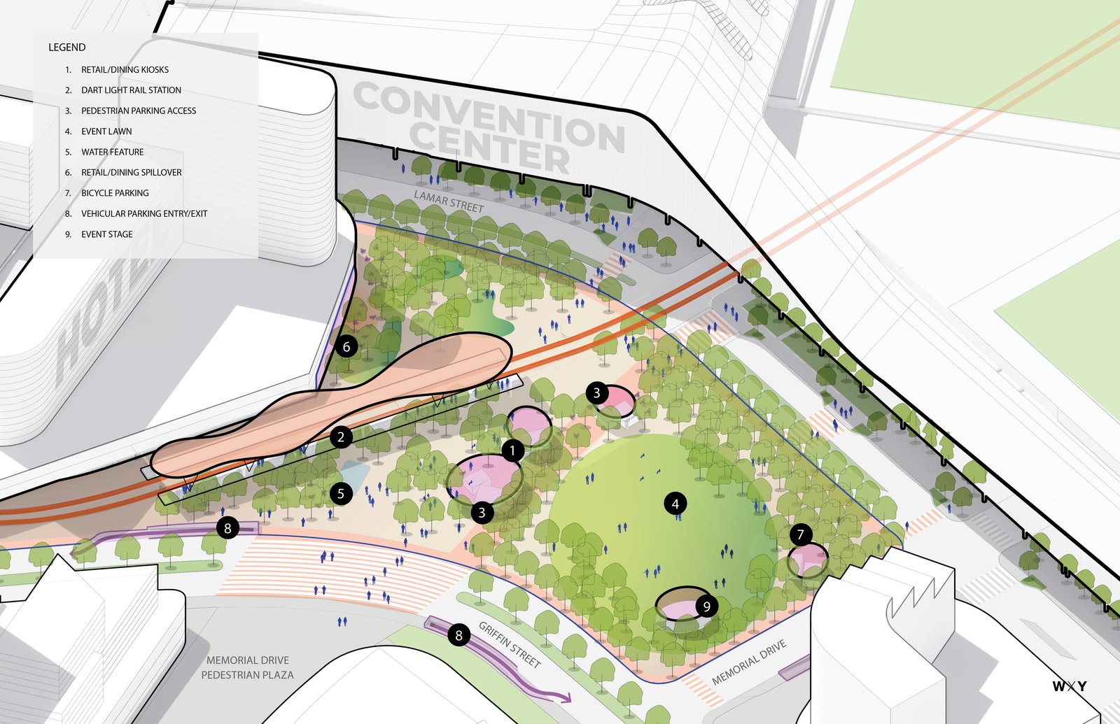 Site plan illustrating park layout, event spaces, and pedestrian pathways near convention center.