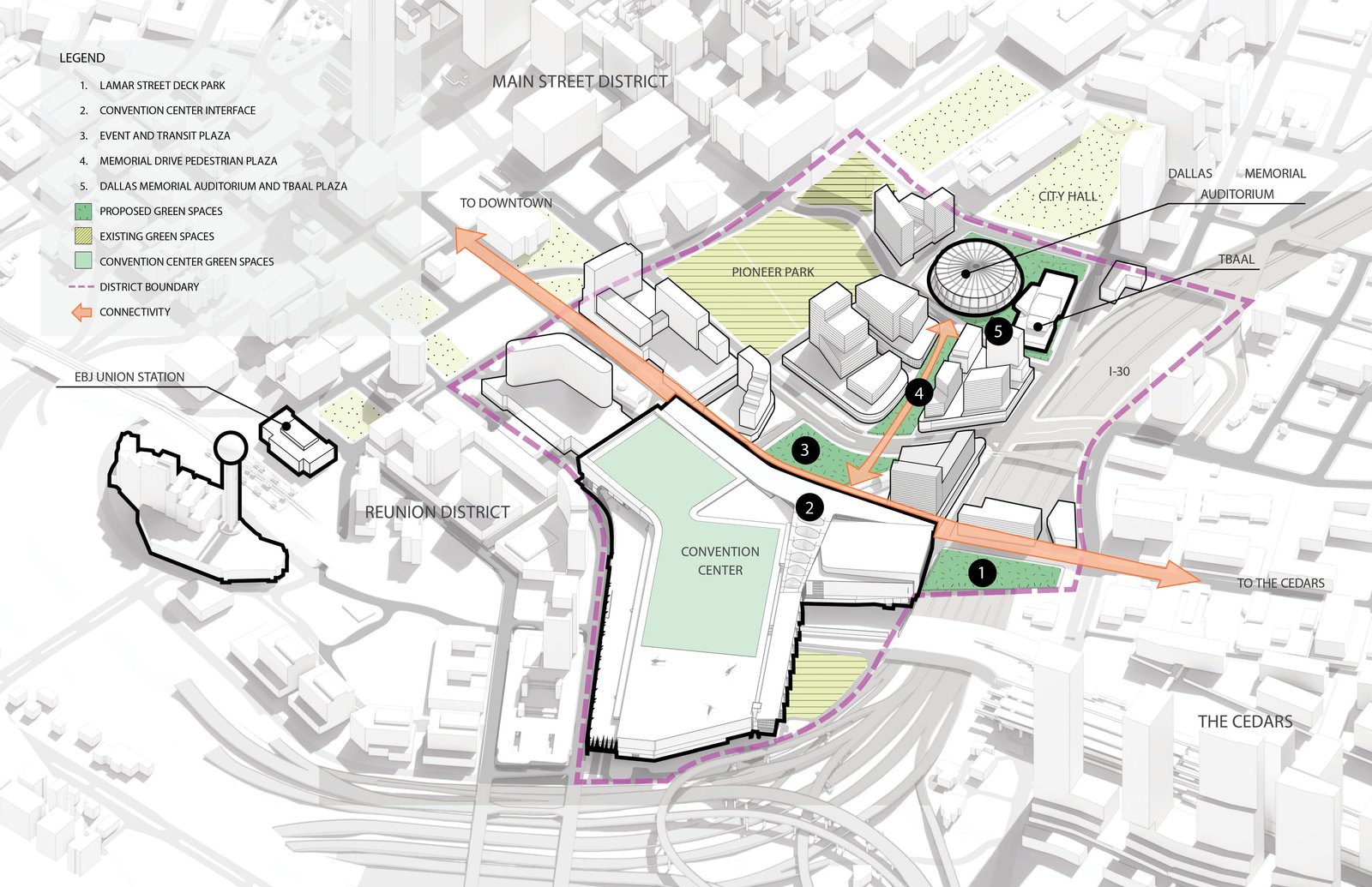 Conceptual site plan showing connectivity, green spaces, and key districts.