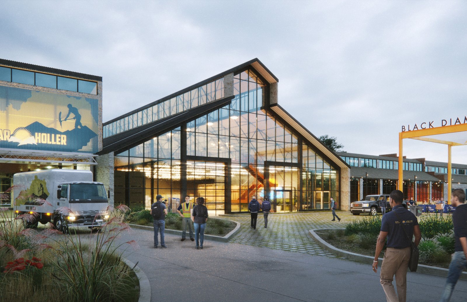 Glass building entrance with people and trucks outside.