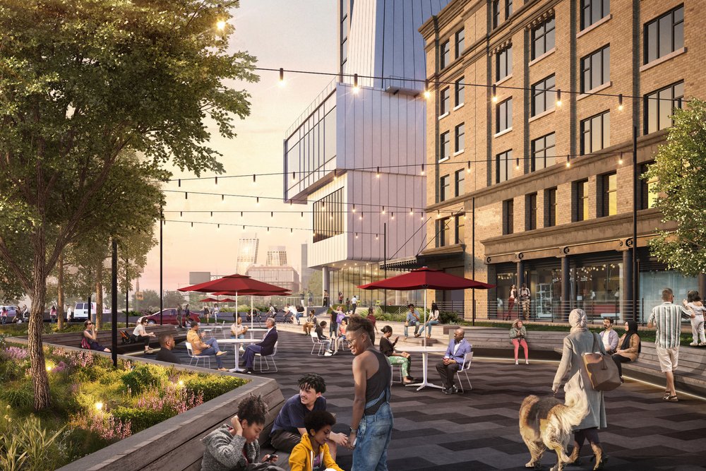 A rendering of a plaza with string lights, seating, trees, and people enjoying the space.