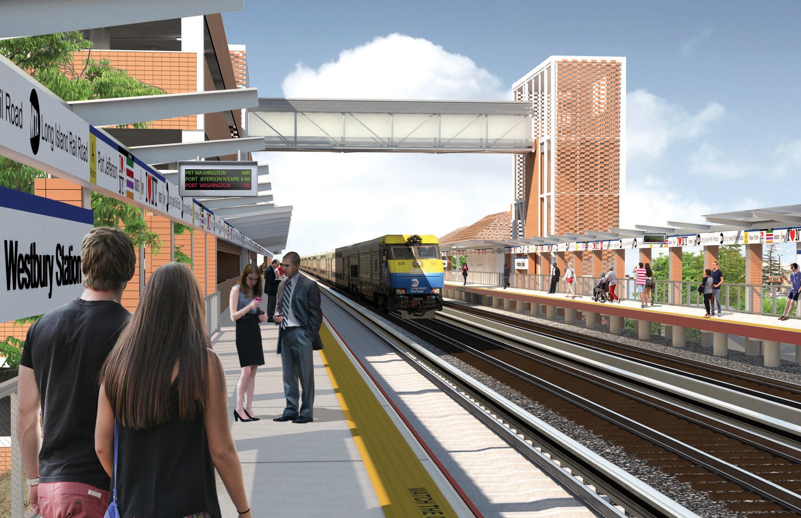 Train station platform with modern bridge connection and brick tower in the background.