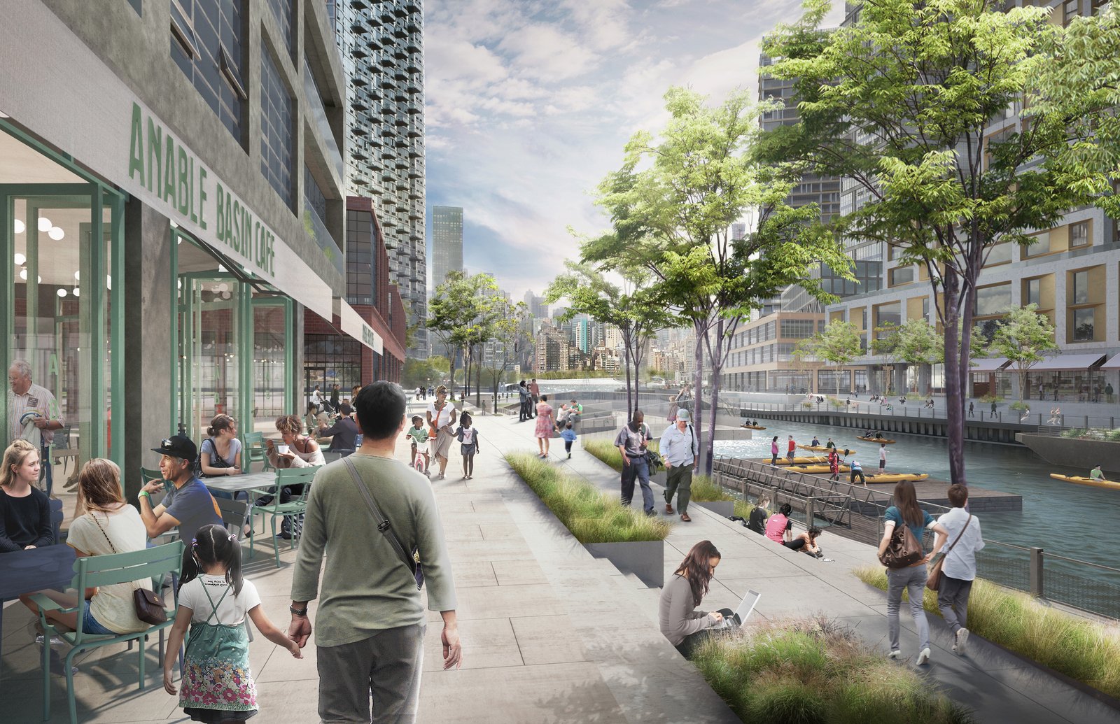 Rendering of a lively esplanade with cafes, greenery, and waterfront seating.