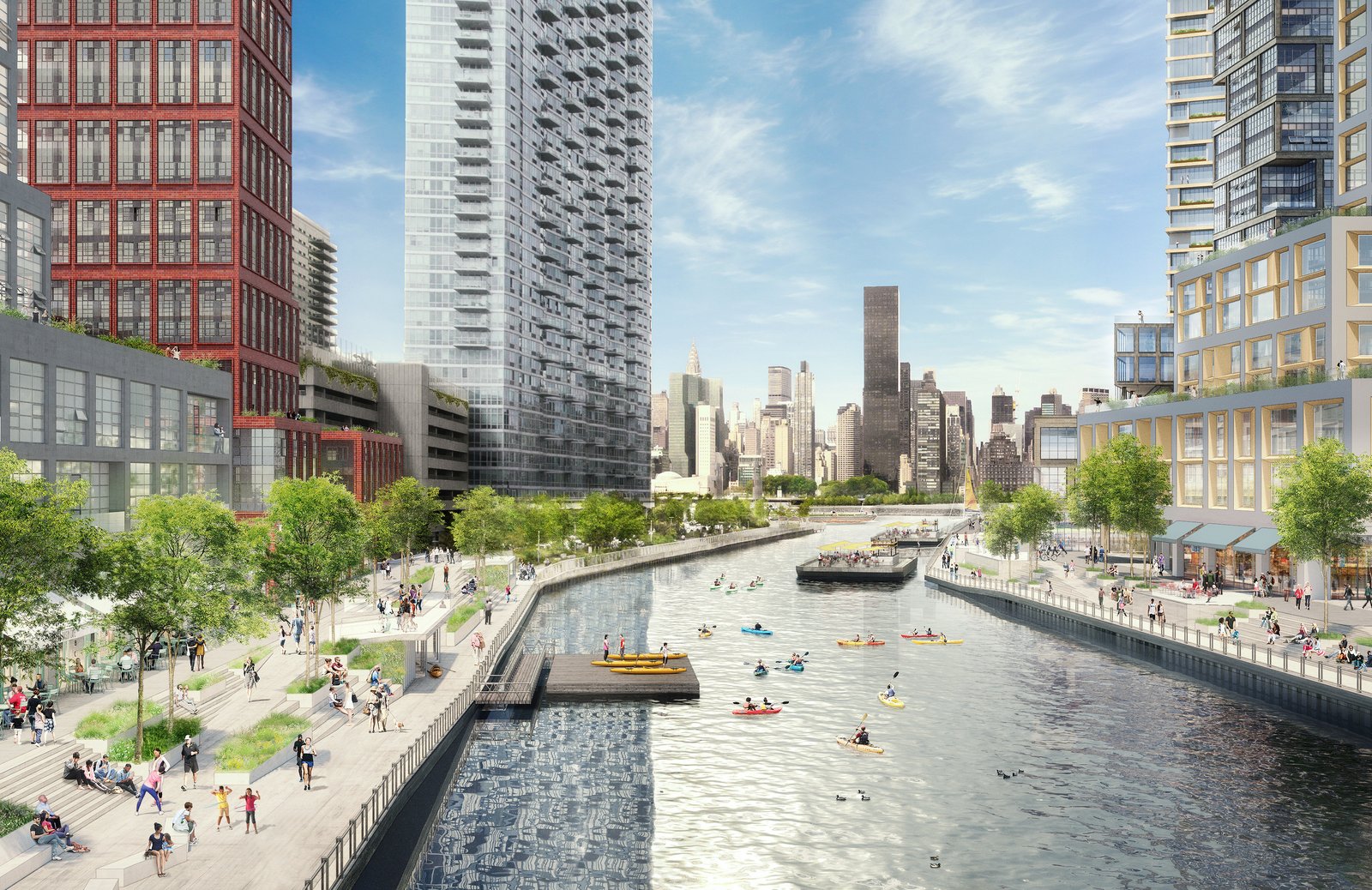 Rendering of a vibrant waterfront district with kayak docks, esplanades, and mixed-use buildings.