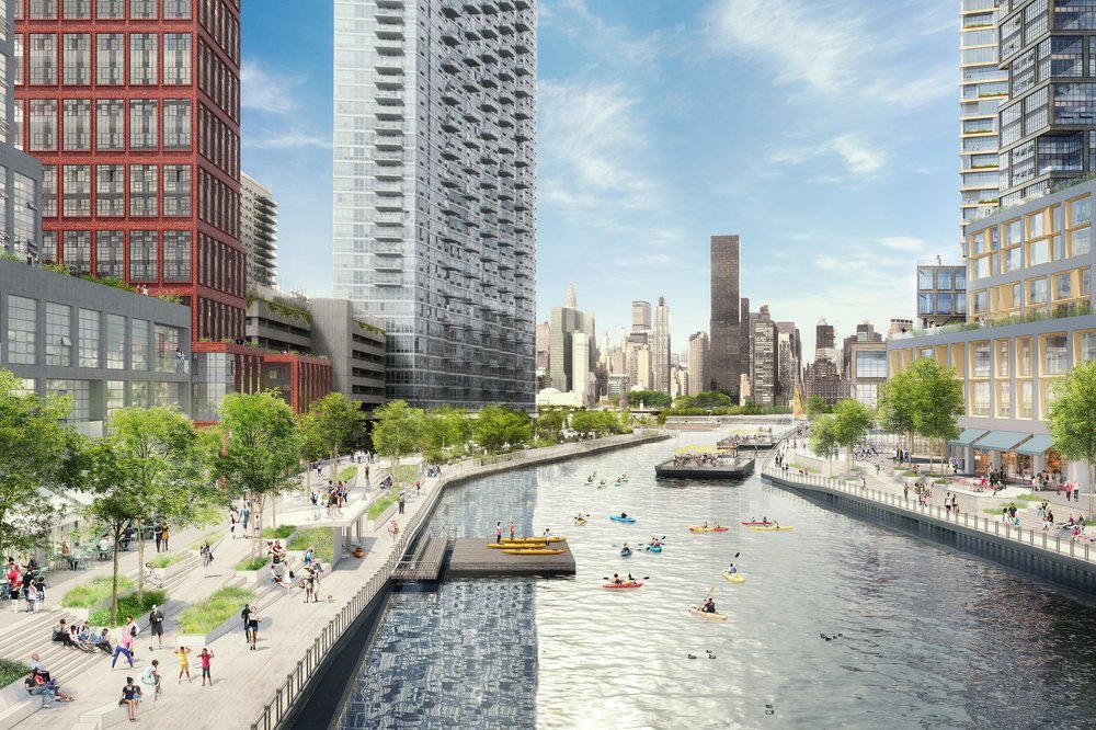 Rendering of a vibrant waterfront district with kayak docks, esplanades, and mixed-use buildings.