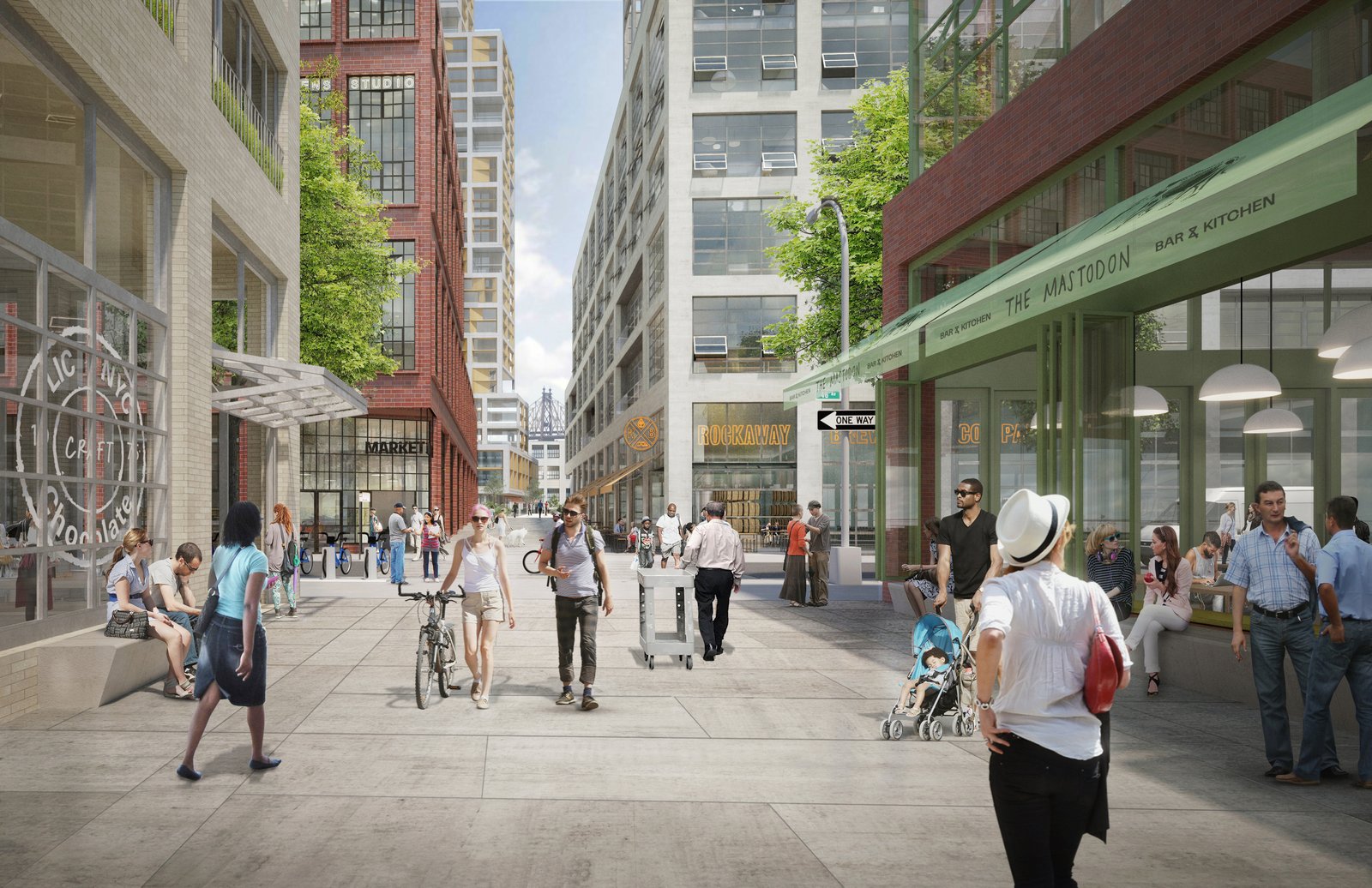 Rendering of a pedestrian lane with cafes, shops, and modern mixed-use buildings.