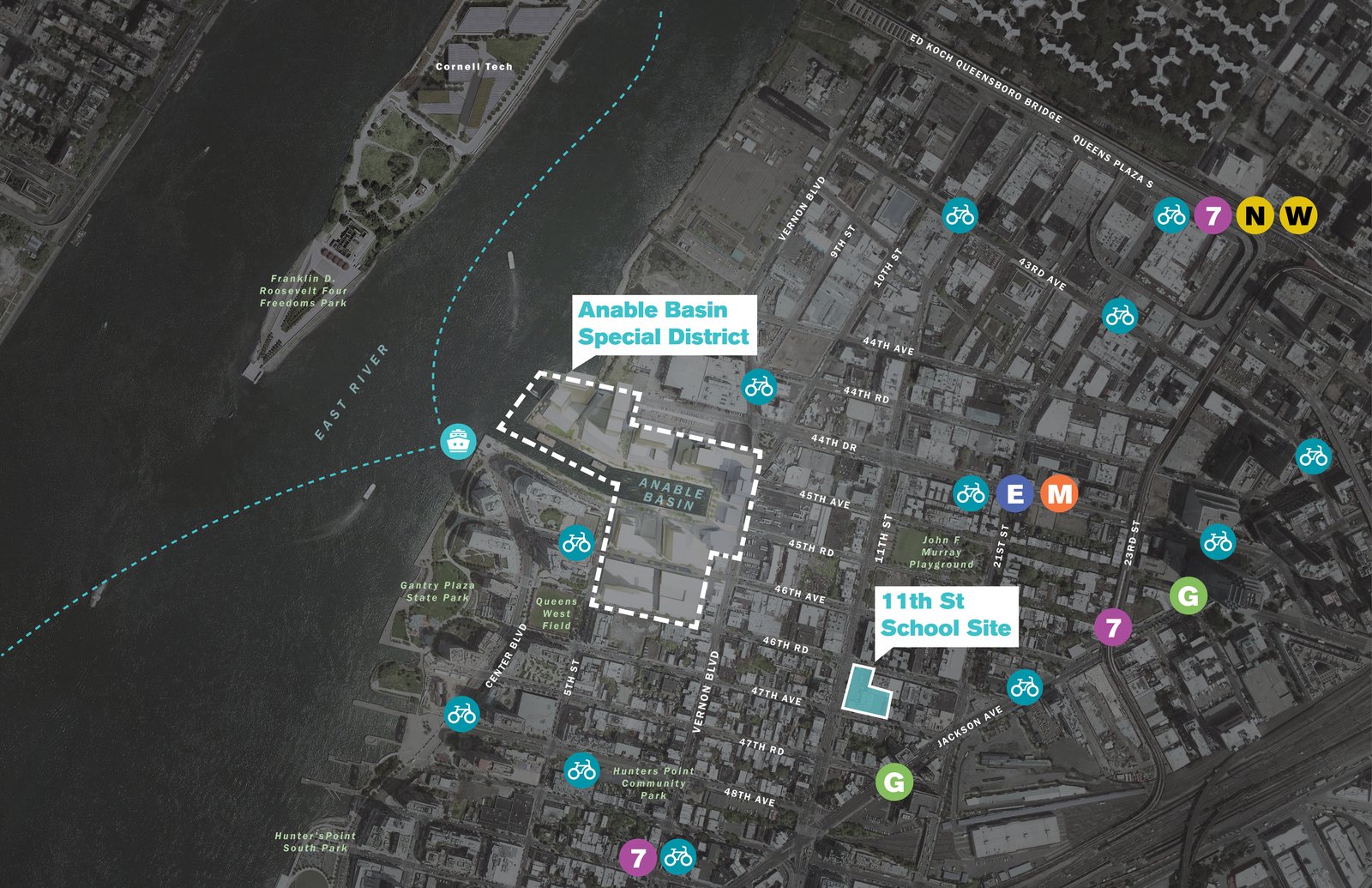 Annotated aerial map of Anable Basin showing proposed special district and nearby amenities.