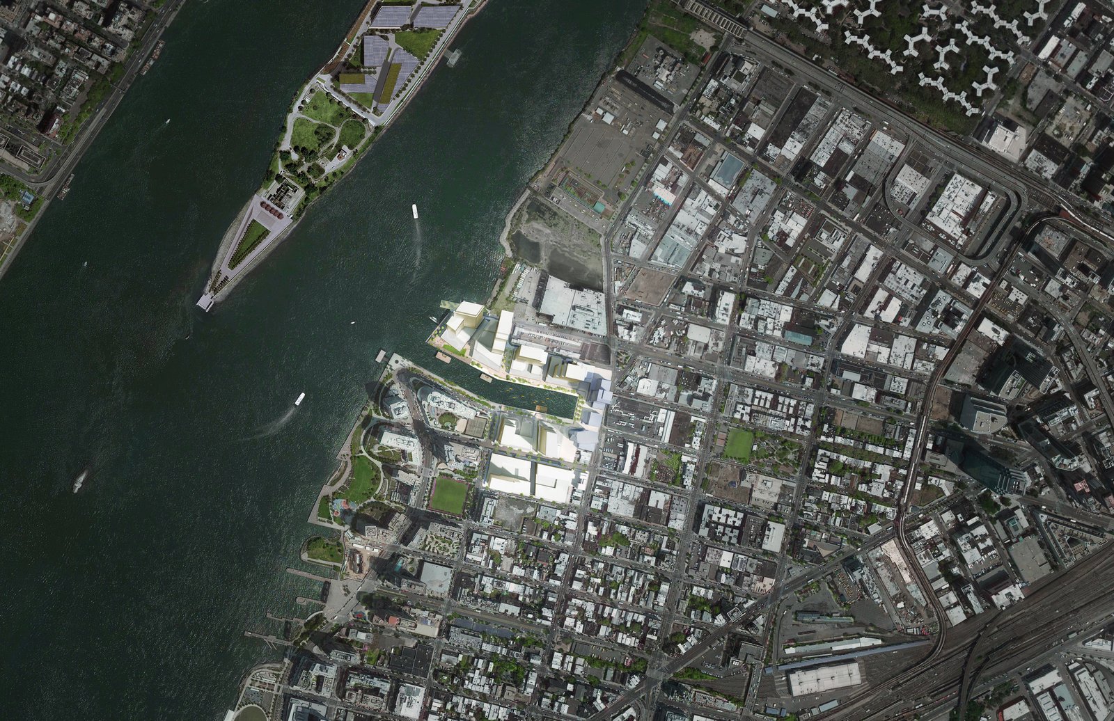 Aerial view of Long Island City’s waterfront showing Anable Basin and surrounding urban context.