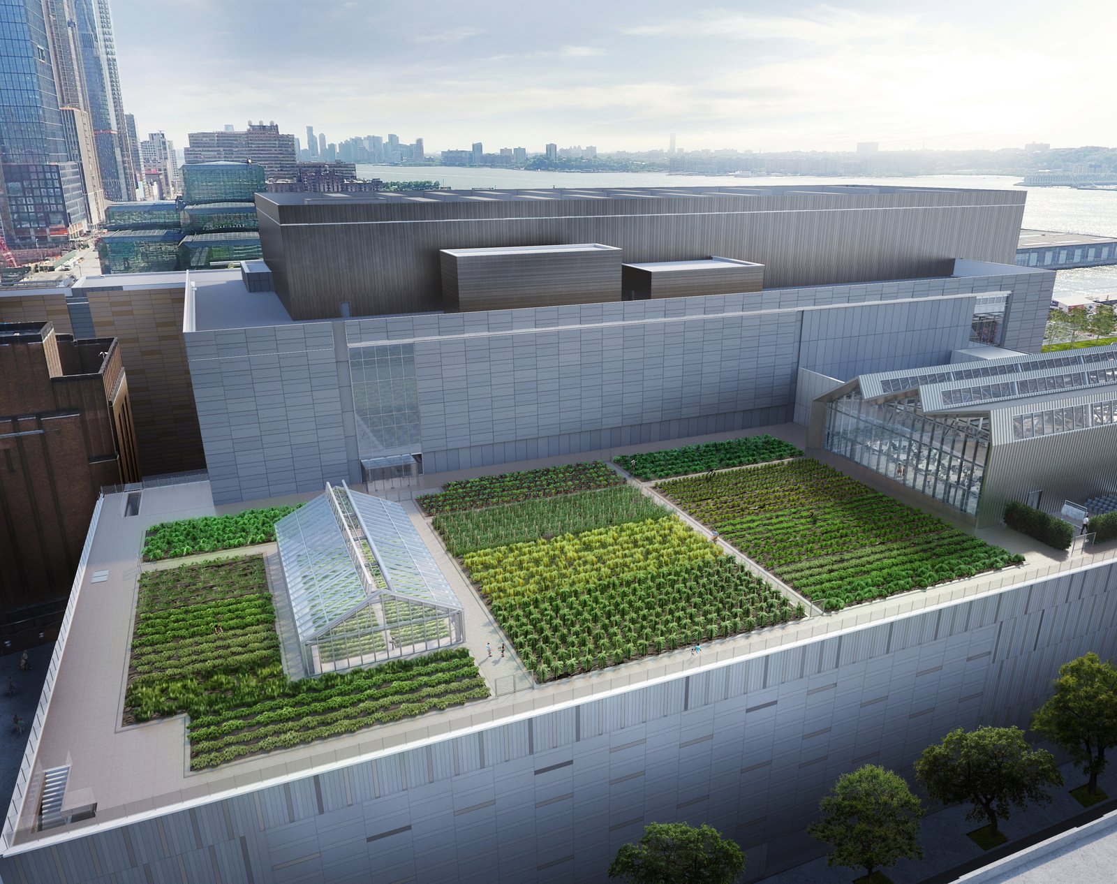 Modern urban building with extensive rooftop garden featuring geometric planting beds and greenhouse structures