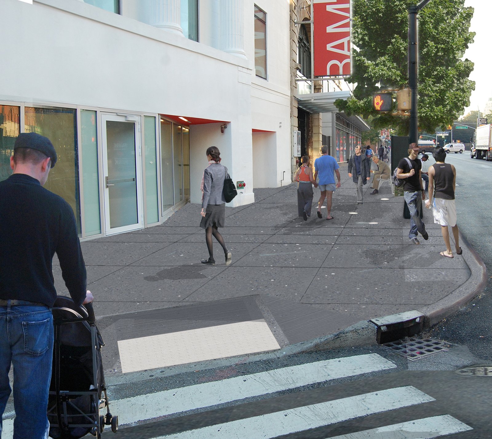 Sidewalk with improved paving, accessible ramps, and active pedestrian movement.