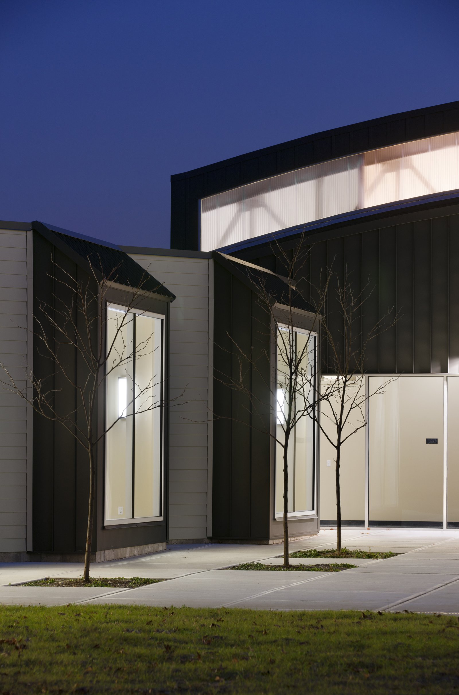 A close-up of REED Academy’s façade, showing angular forms, large windows, and young trees at dusk.