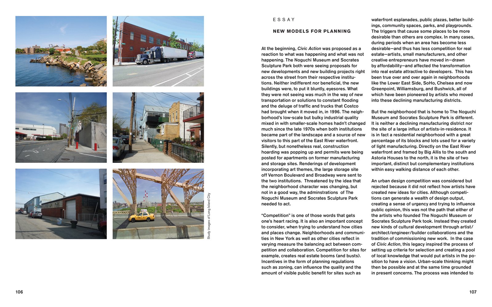 Two-page layout with six photos of Long Island City and an essay on new planning models.