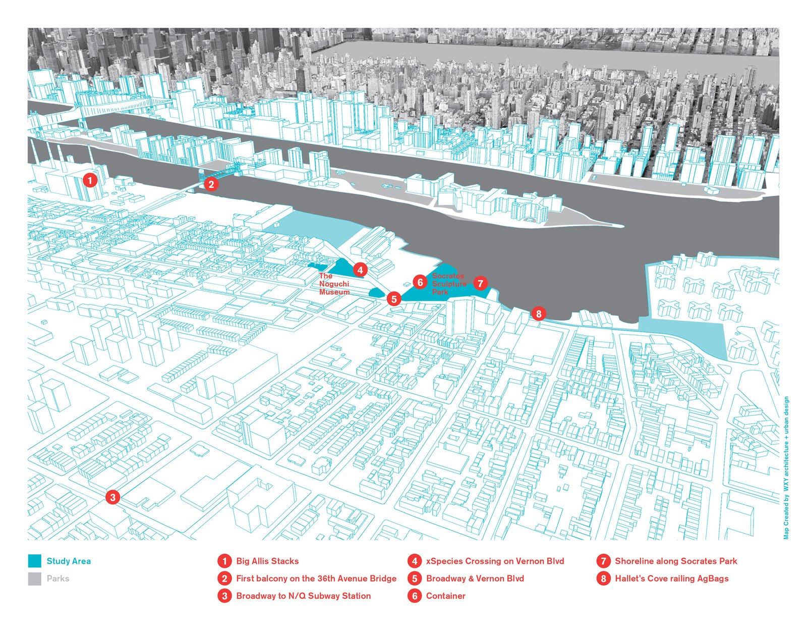 Annotated map of Long Island City highlighting key study areas and landmarks in blue and red.