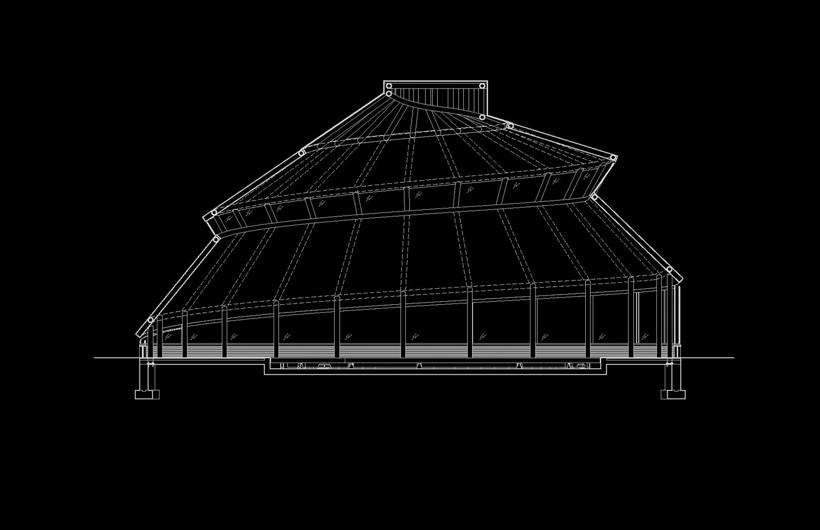 Side elevation of SeaGlass Carousel, illustrating its unique angular roofline and glass walls.