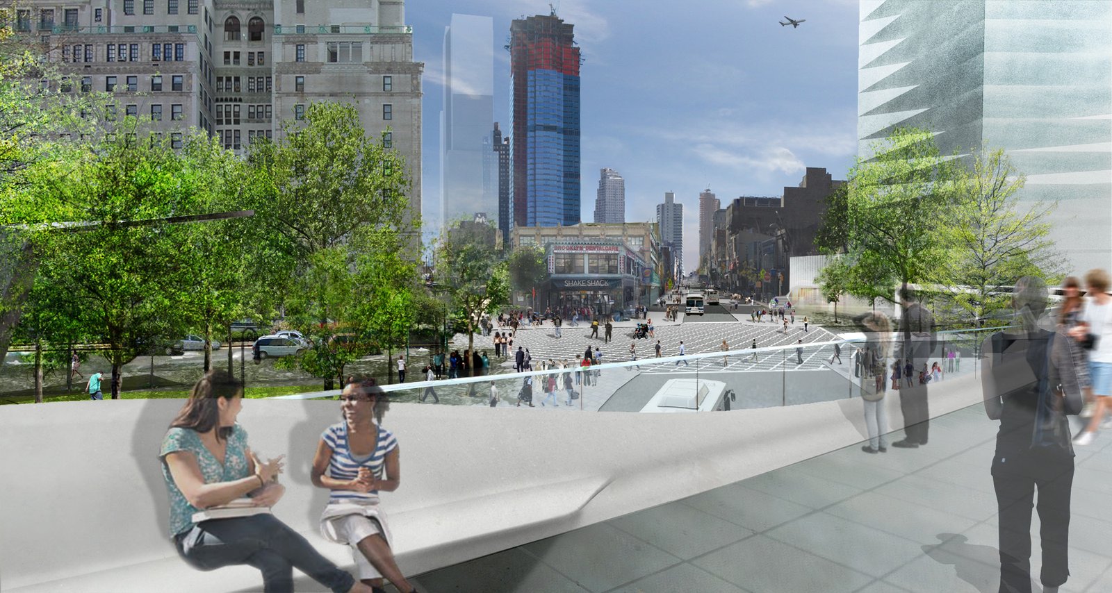 Rendering of an urban plaza with greenery, seating, and views of Brooklyn’s skyline.