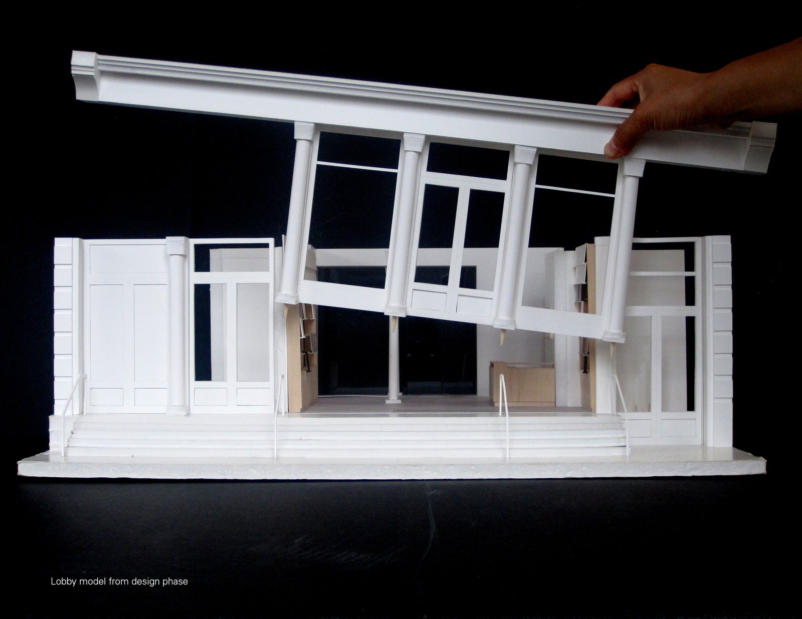 Scale model of lobby design with removable facade.