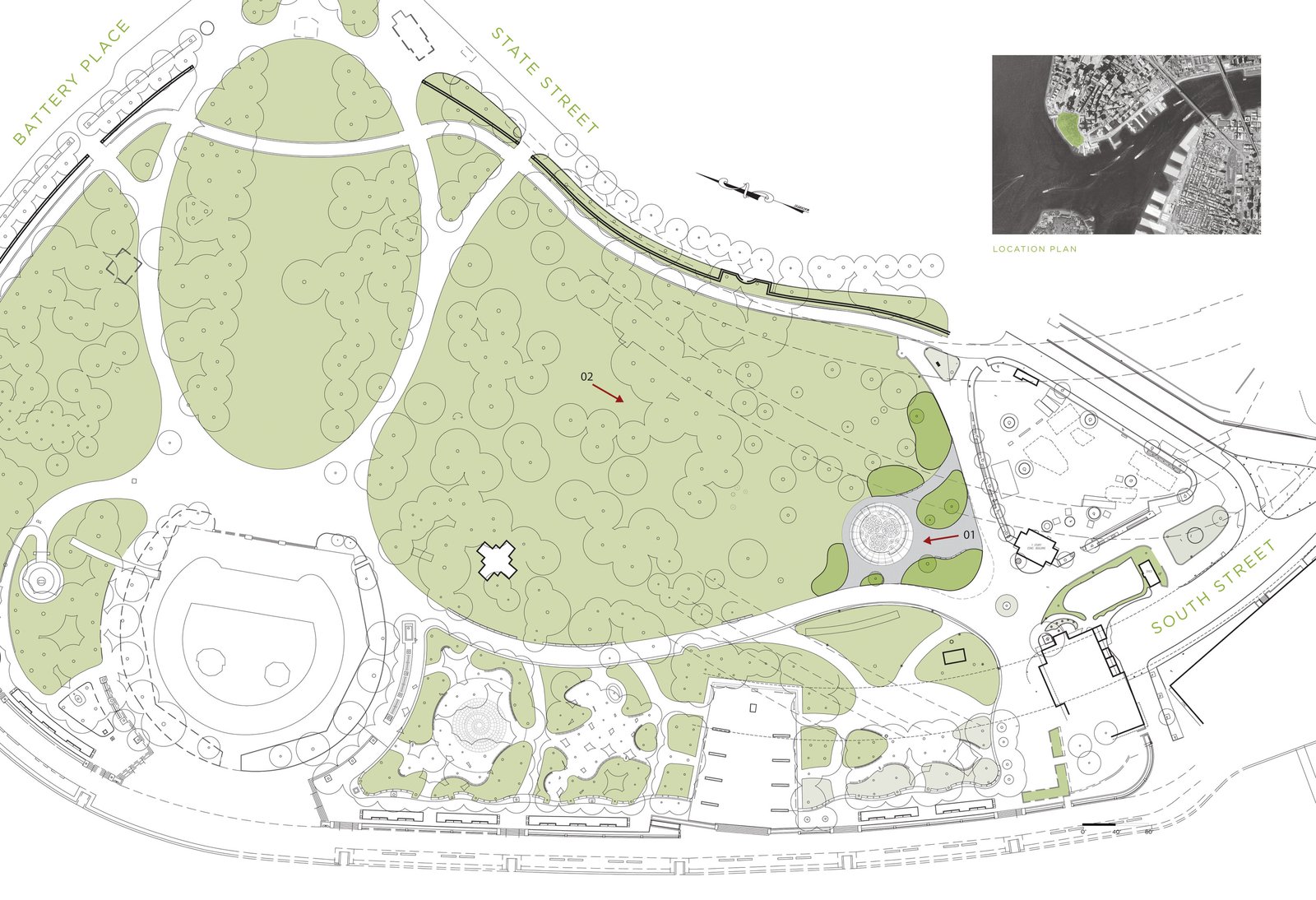 Site plan of Battery Park with SeaGlass Carousel location marked.