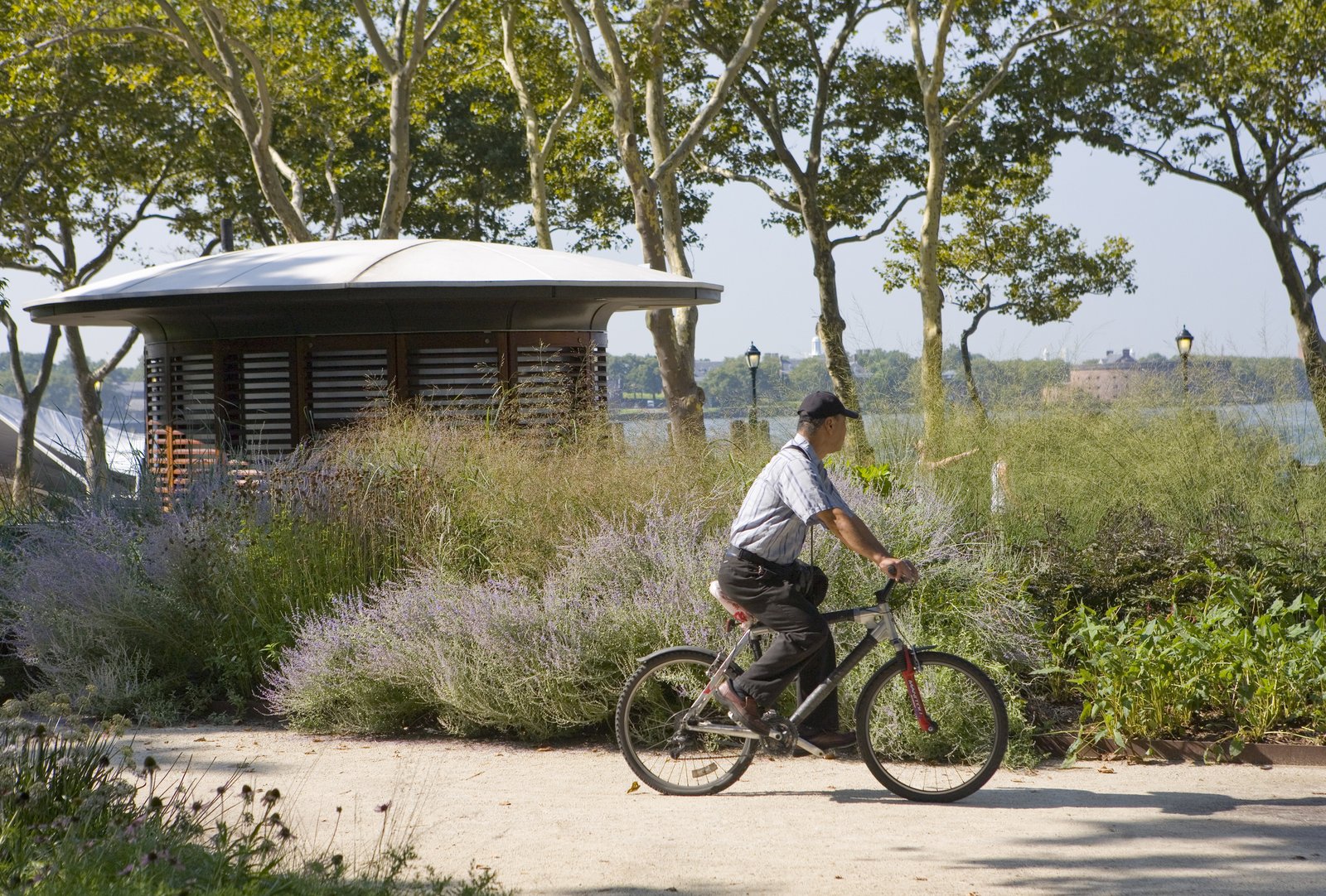 A cyclist rides past a kiosk surrounded by foliage with the New York Harbor in the background.