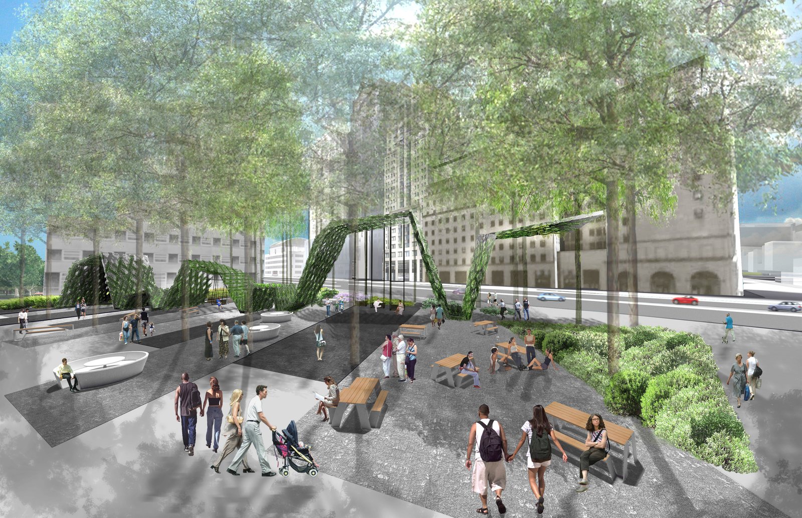 Rendering of a shaded public plaza with greenery, seating, and pedestrian activity.