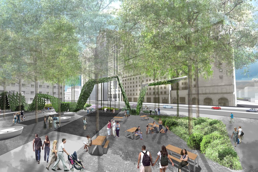 Rendering of a shaded public plaza with greenery, seating, and pedestrian activity.