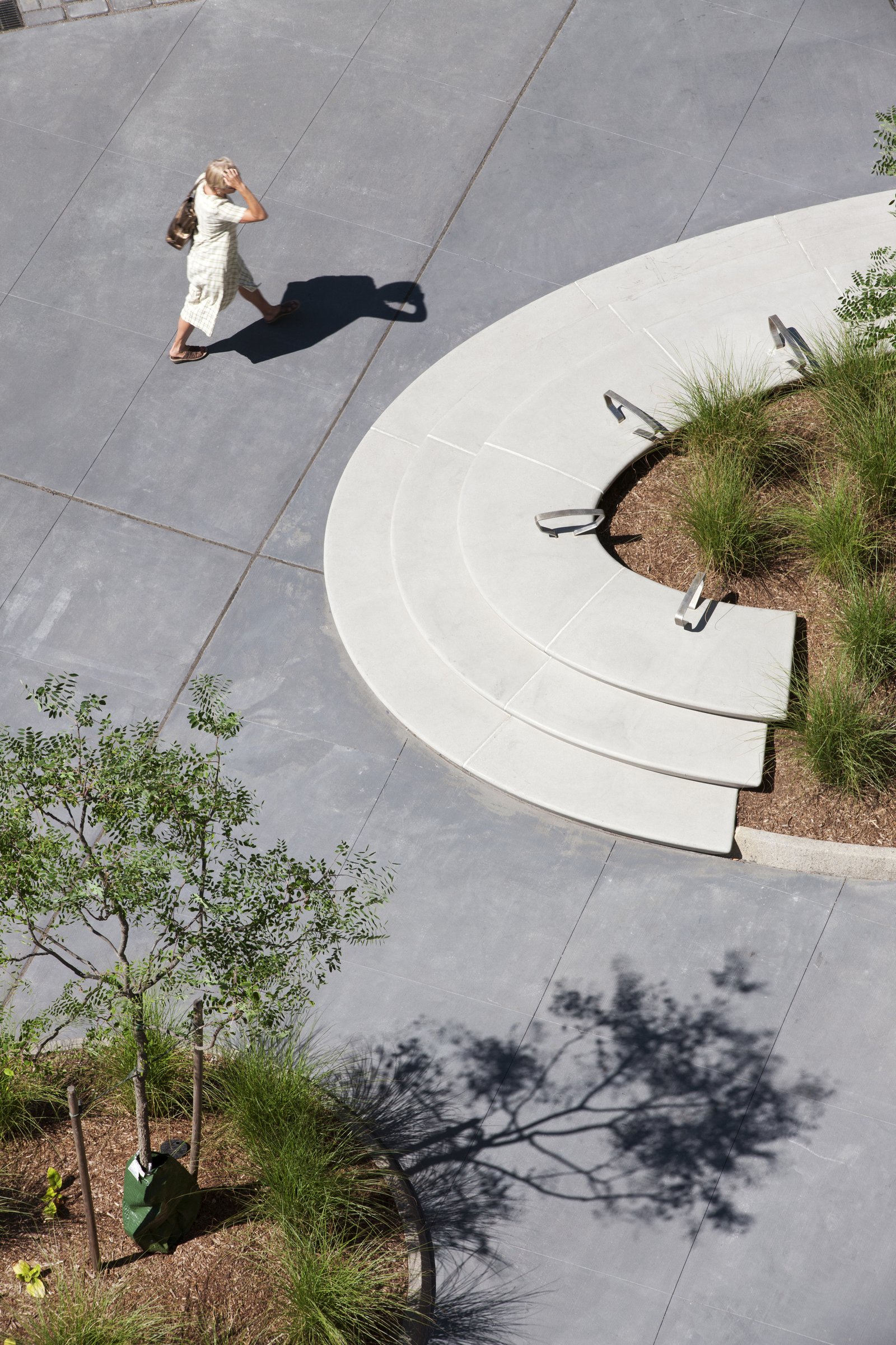 Curved concrete seating with integrated planters and shaded by nearby trees.