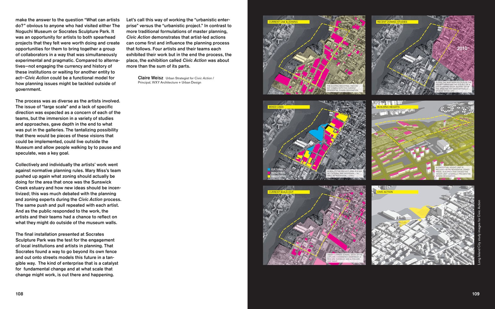 Two-page layout with text on planning strategies and six zoning and land use maps of Long Island City.