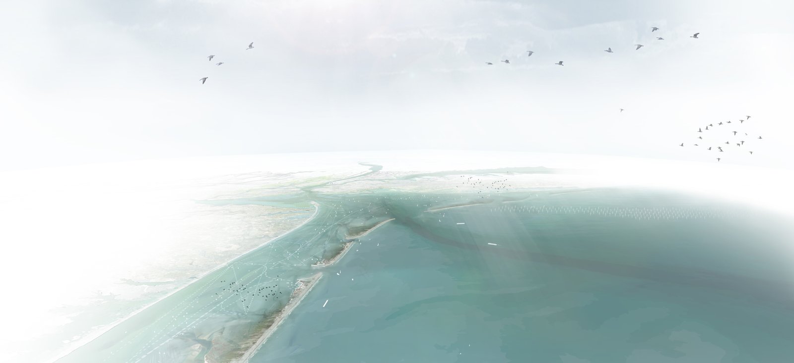 A rendering depicting a coastal landscape with barrier islands, waterways, and birds in flight.