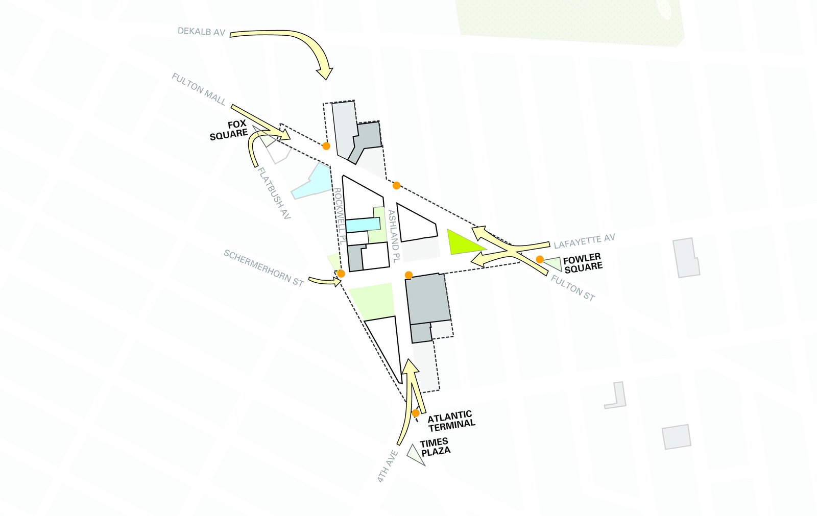 Map showing streetscape design in the Brooklyn Cultural District with highlighted zones.