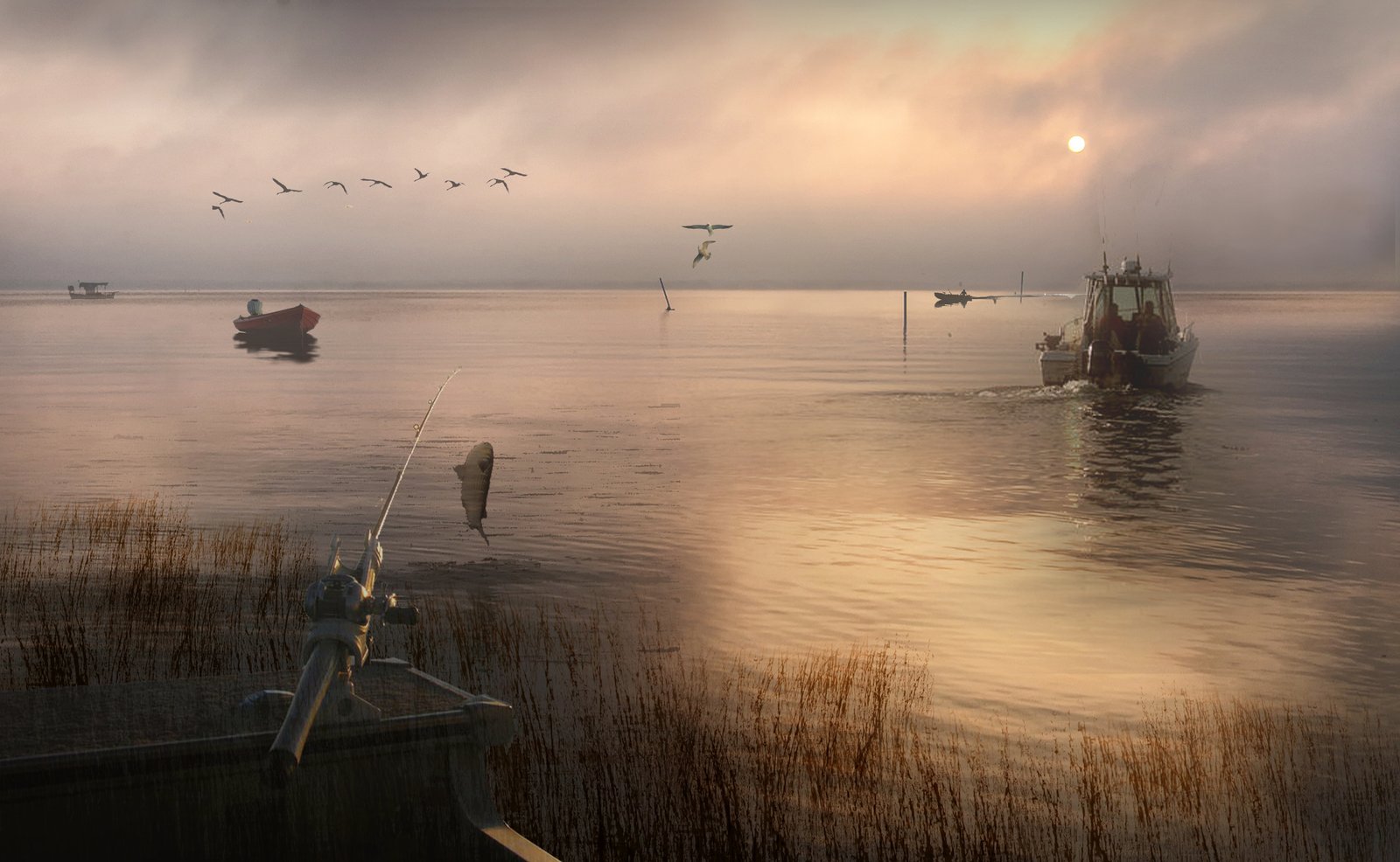 Fishing boats and a fishing line in a serene bay at sunrise with birds flying above.