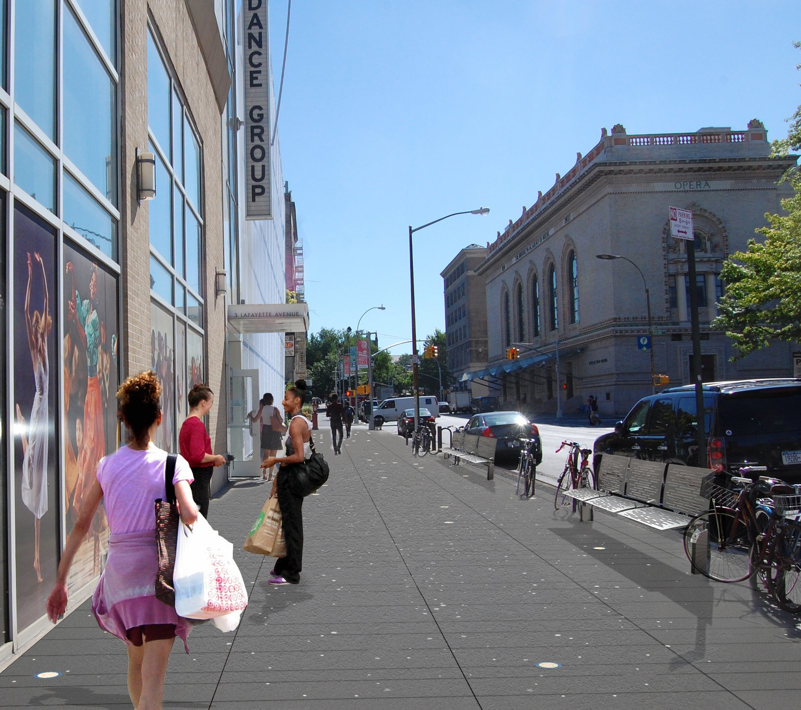 Pedestrian-friendly streetscape with benches, bikes, and cultural buildings in Brooklyn.