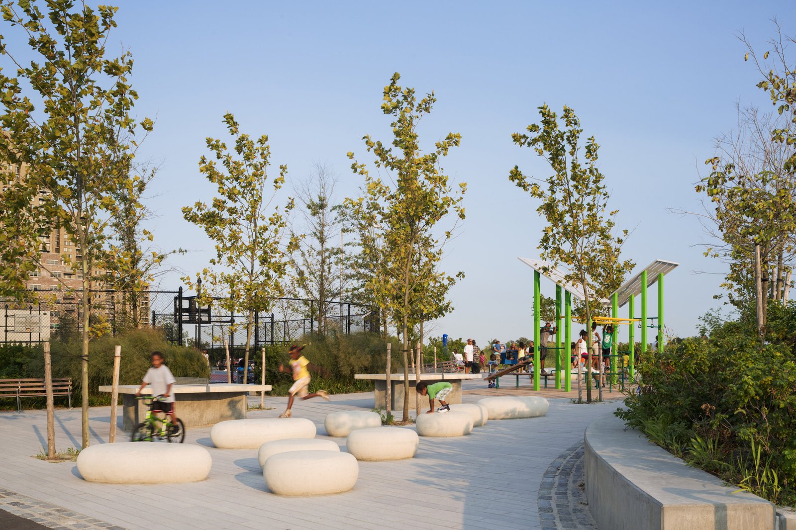 Children play in a park with stone seating, young trees, and green play structures.