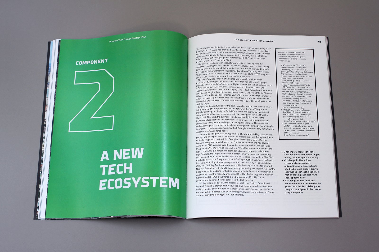 Open report showing "Component 2: A New Tech Ecosystem" with a green title page and detailed text.