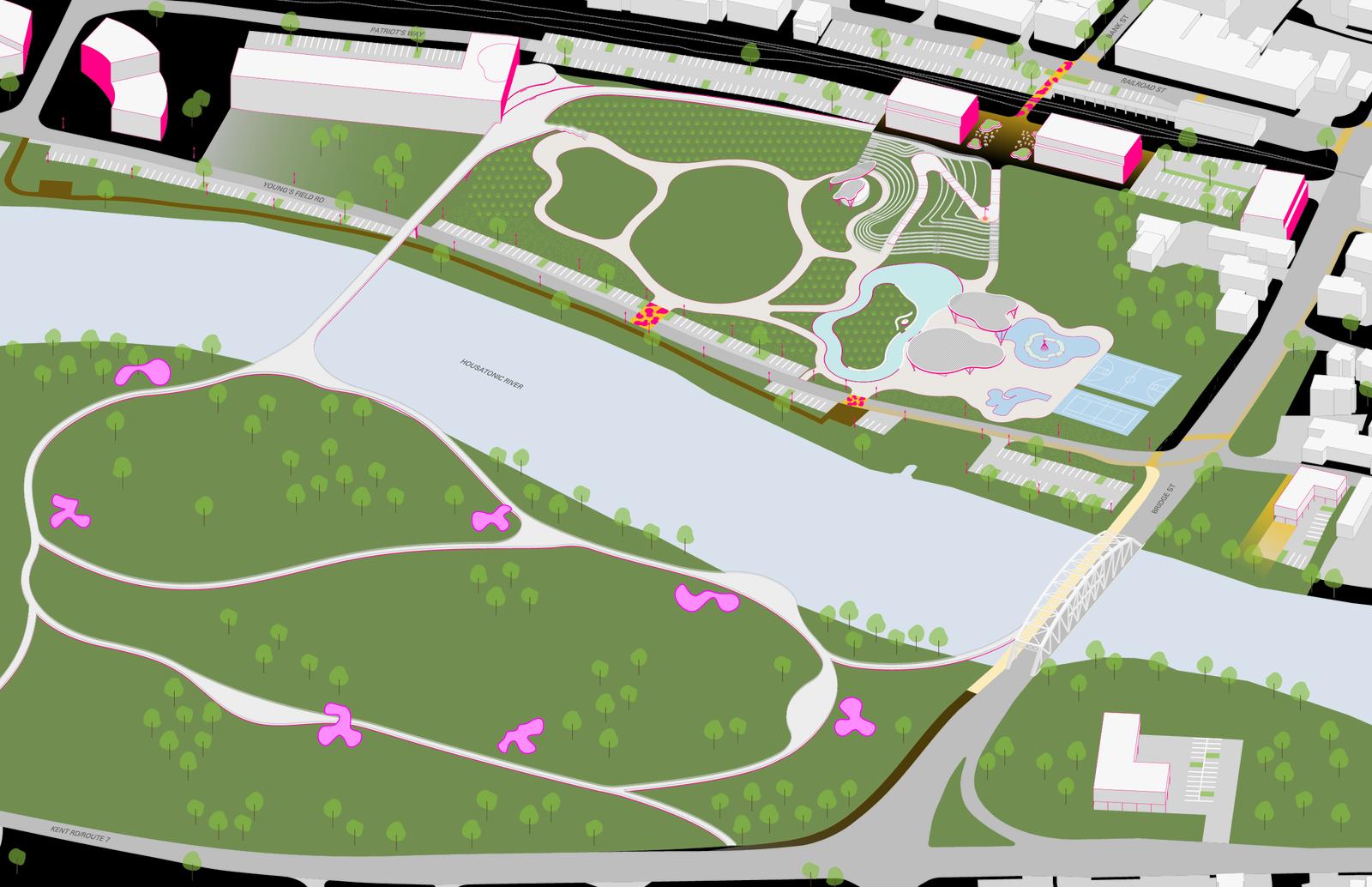 Site plan of Youngs Field Park showing pathways, green areas, and river access.