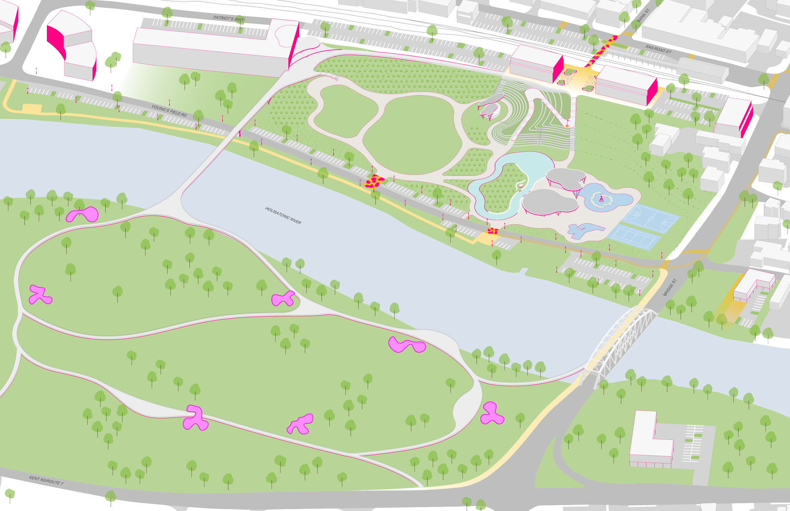 Site plan of Youngs Field Park showing pathways, green areas, and river access.