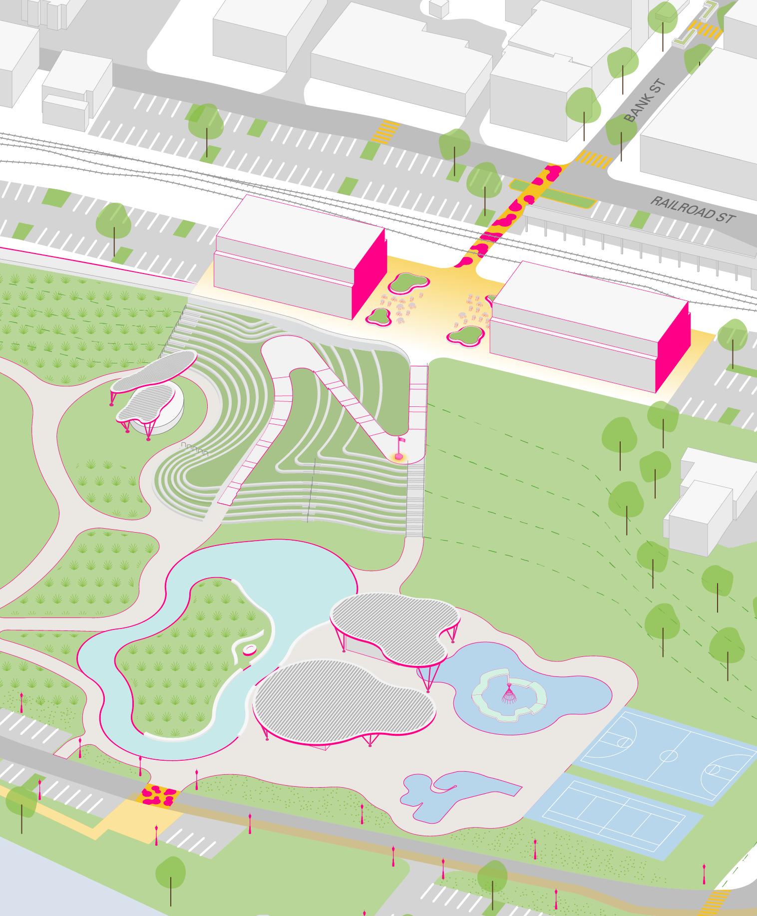 Close-up view of Youngs Field Park plan showing pedestrian connections and activity areas.