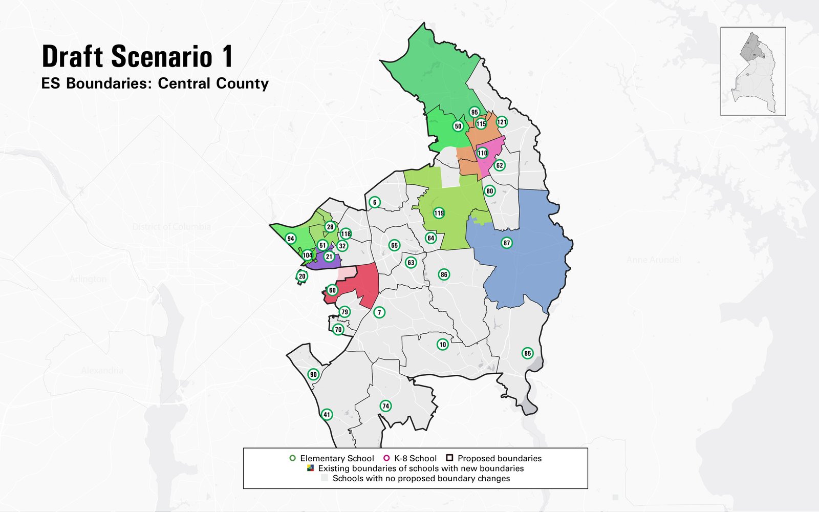 Color-coded map showing proposed elementary school boundaries in Central County.