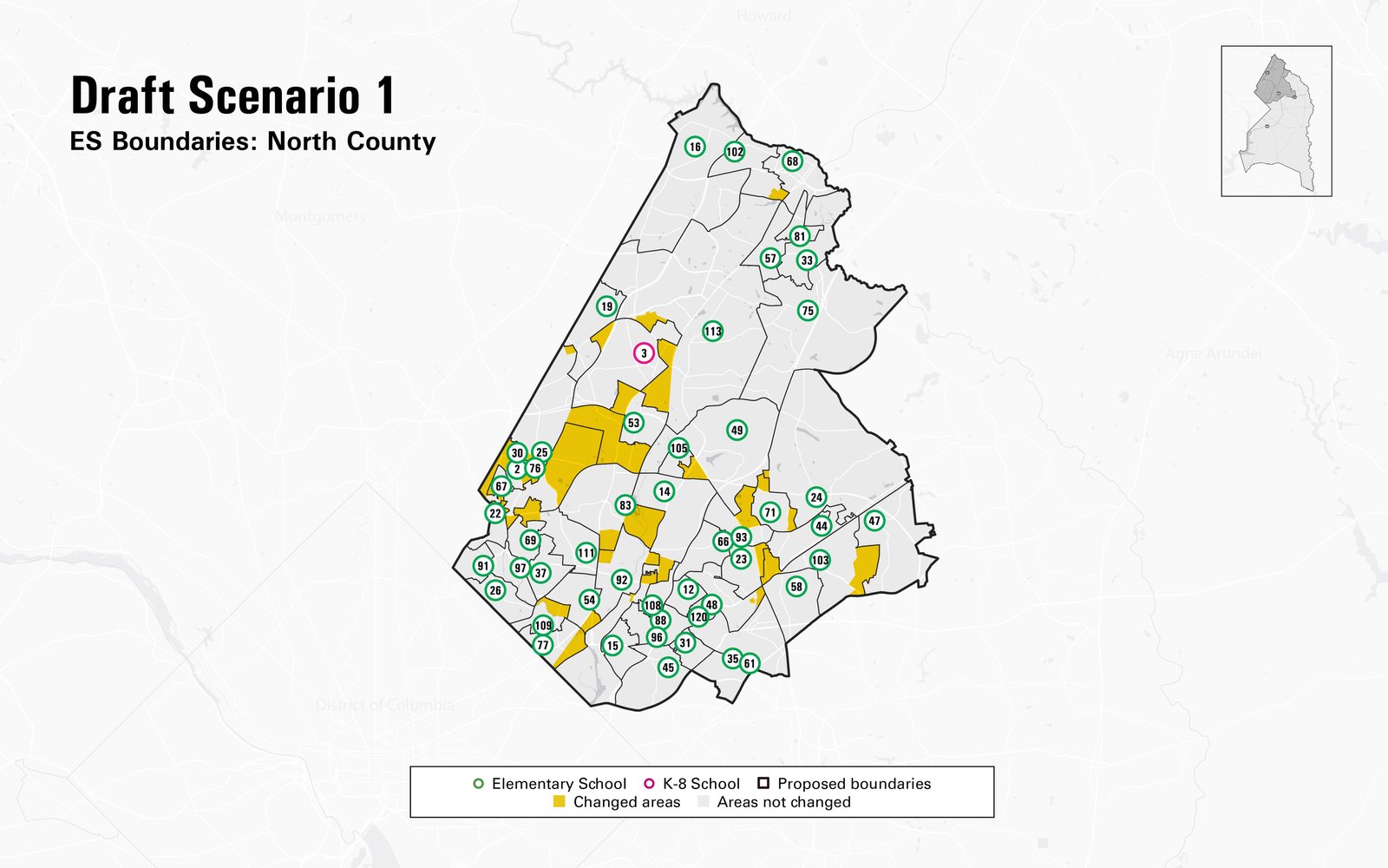 Map highlighting proposed elementary school boundary changes in North County.