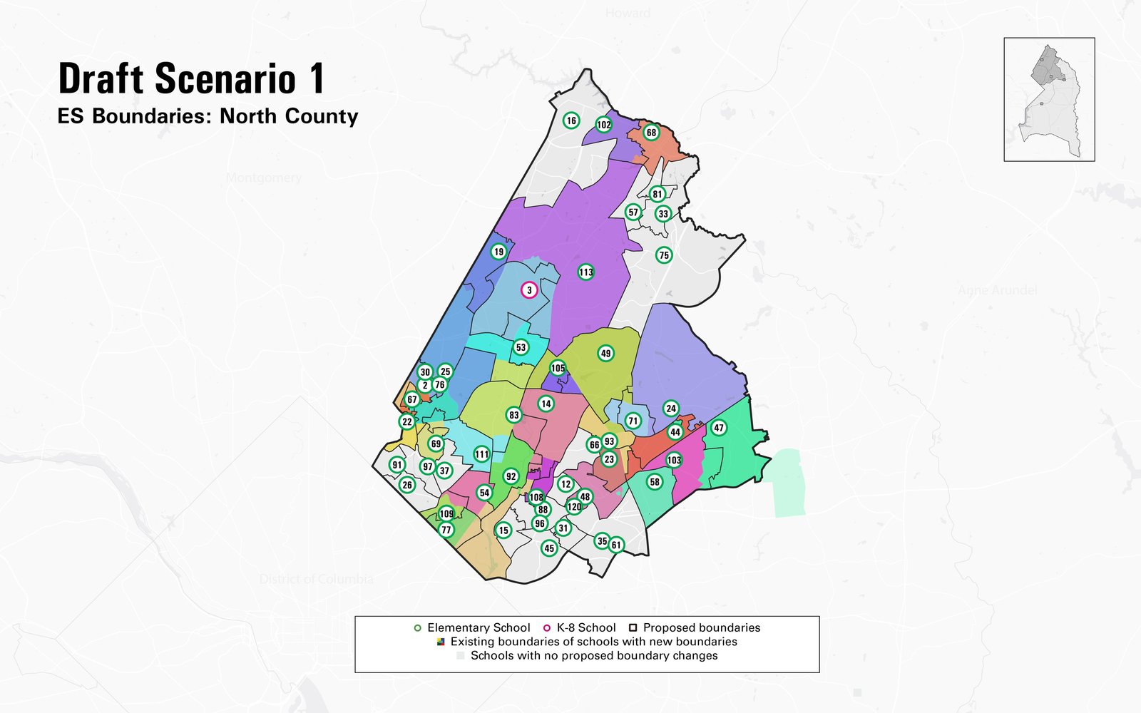 Color-coded map showing proposed elementary school boundaries for North County.