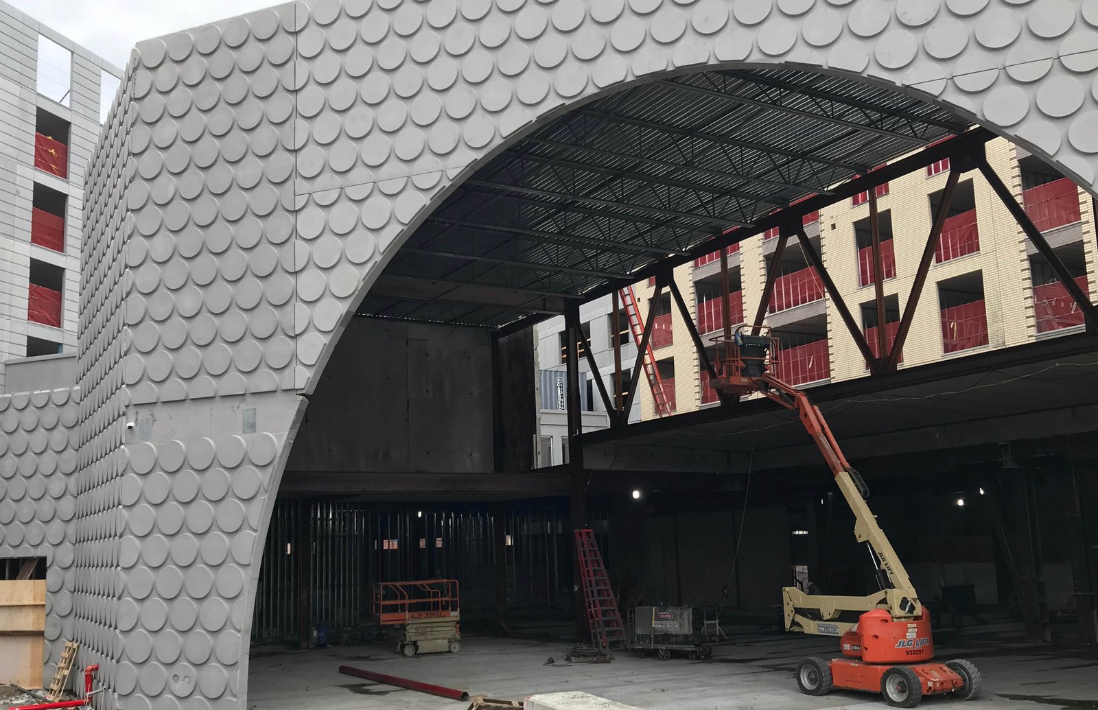 Construction of the exterior of the Bronx Music Hall.