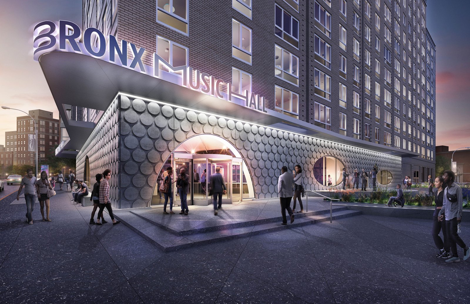 A rendering of the Bronx Music Hall's entrance at dusk, featuring a modern, curved facade covered in a circular textured pattern.