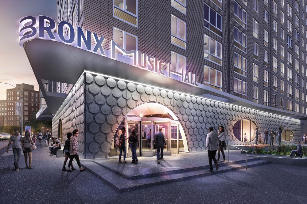 A rendering of the Bronx Music Hall's entrance at dusk, featuring a modern, curved facade covered in a circular textured pattern.