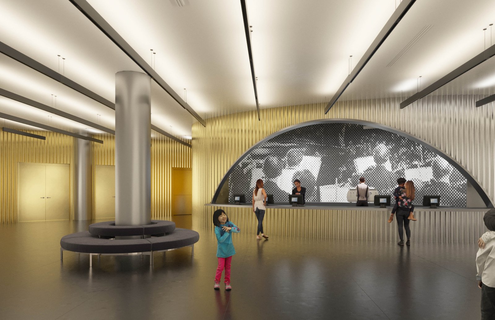 Lobby with rounded seating and graphic mural behind a reception desk.