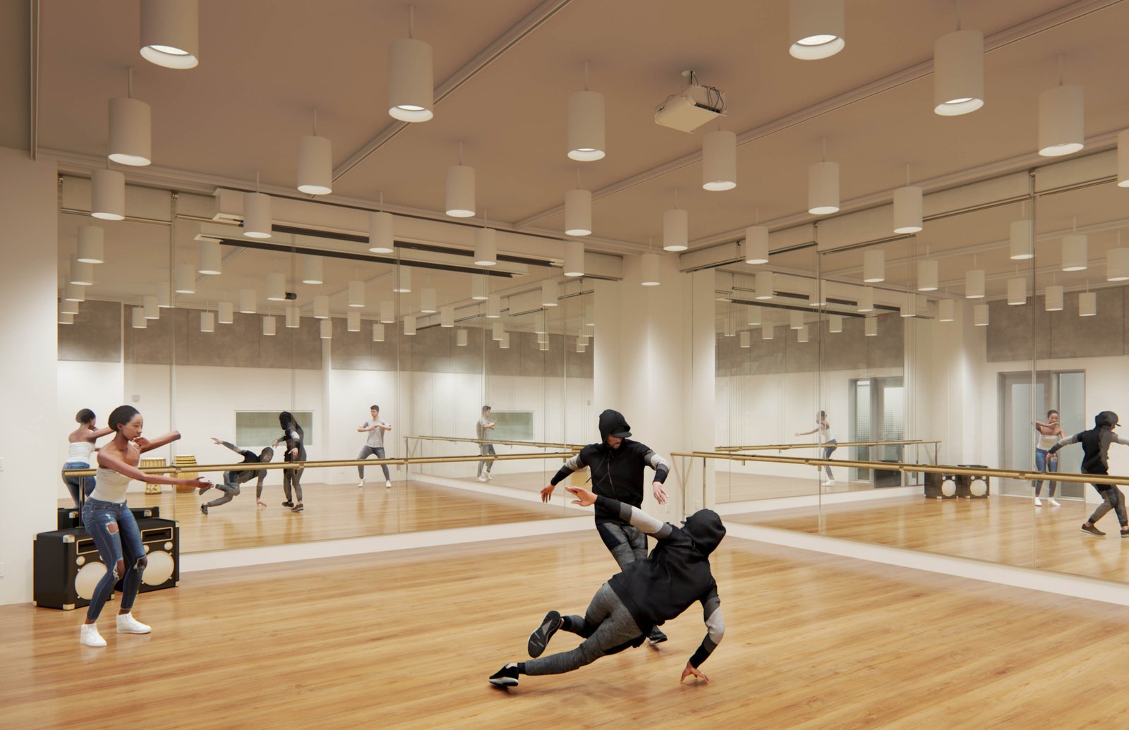 Dance studio with mirrored walls and dancers practicing on a wood floor.