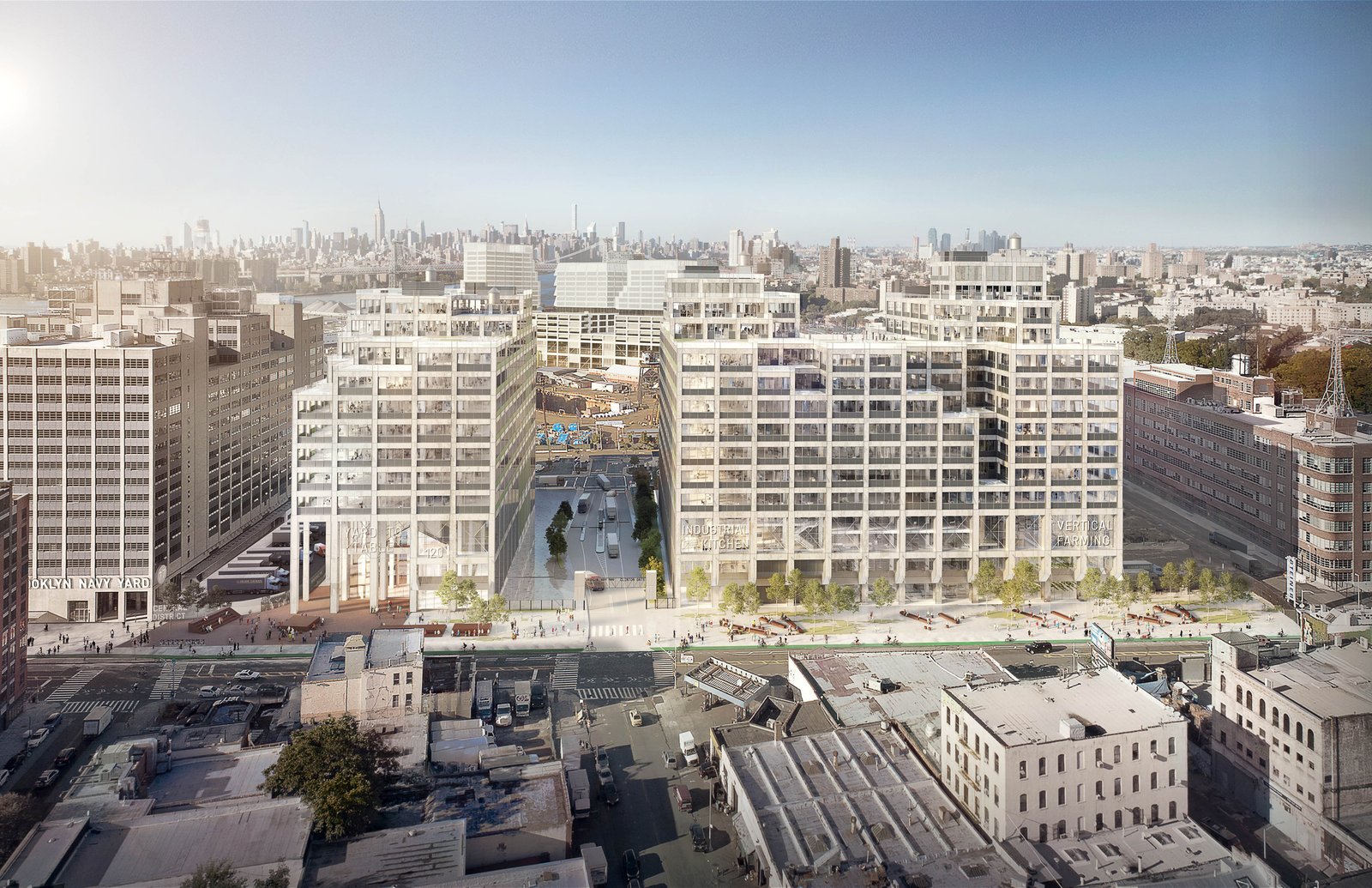 Aerial view of proposed vertical manufacturing buildings at Brooklyn Navy Yard.