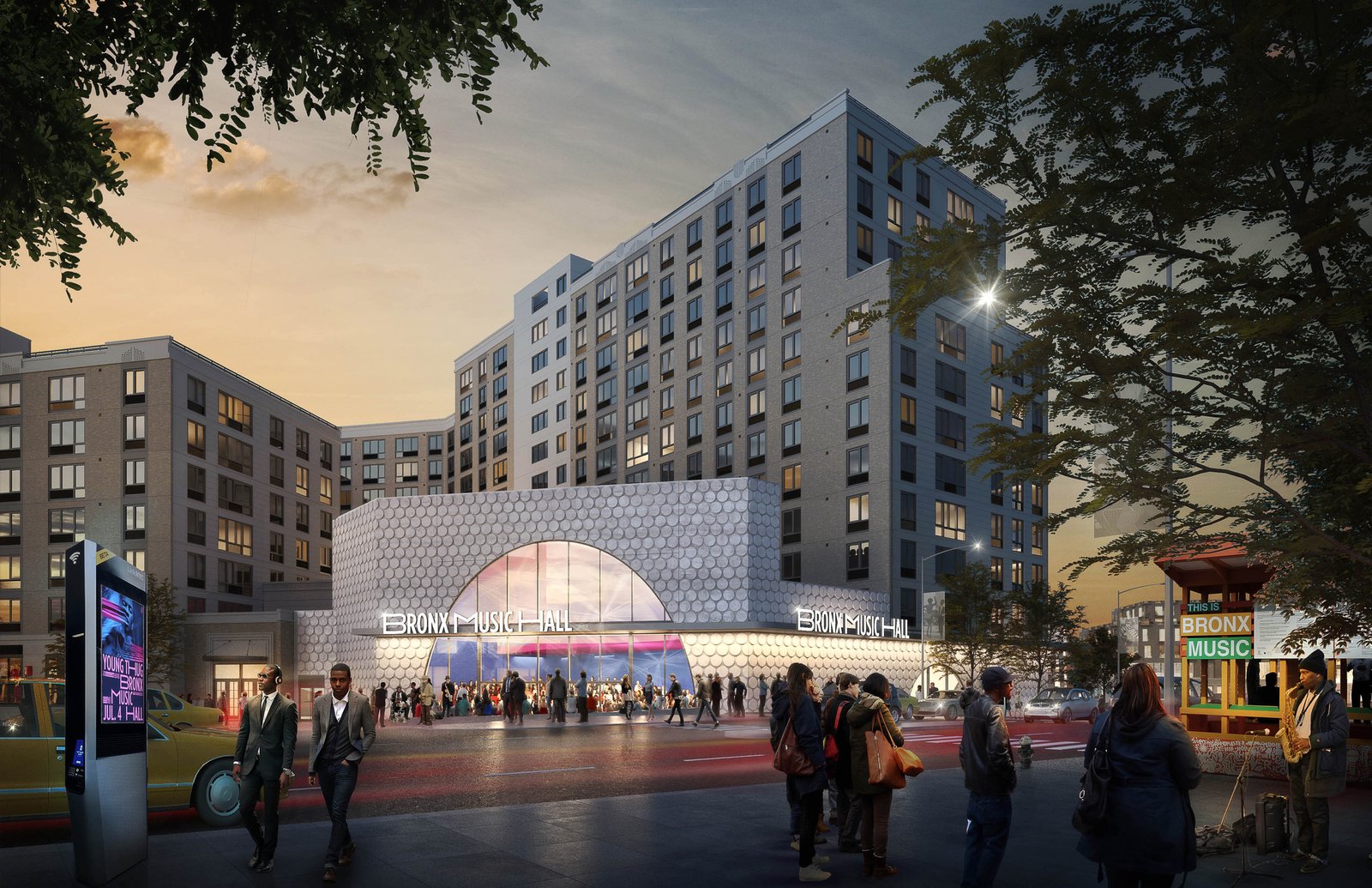 Rendering of the exterior of the Bronx Music Hall at night.