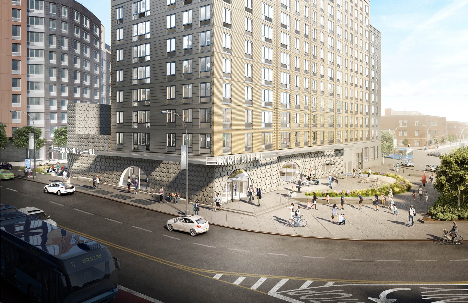 Rendering showing the integration of the Bronx Music Hall with the residential development.