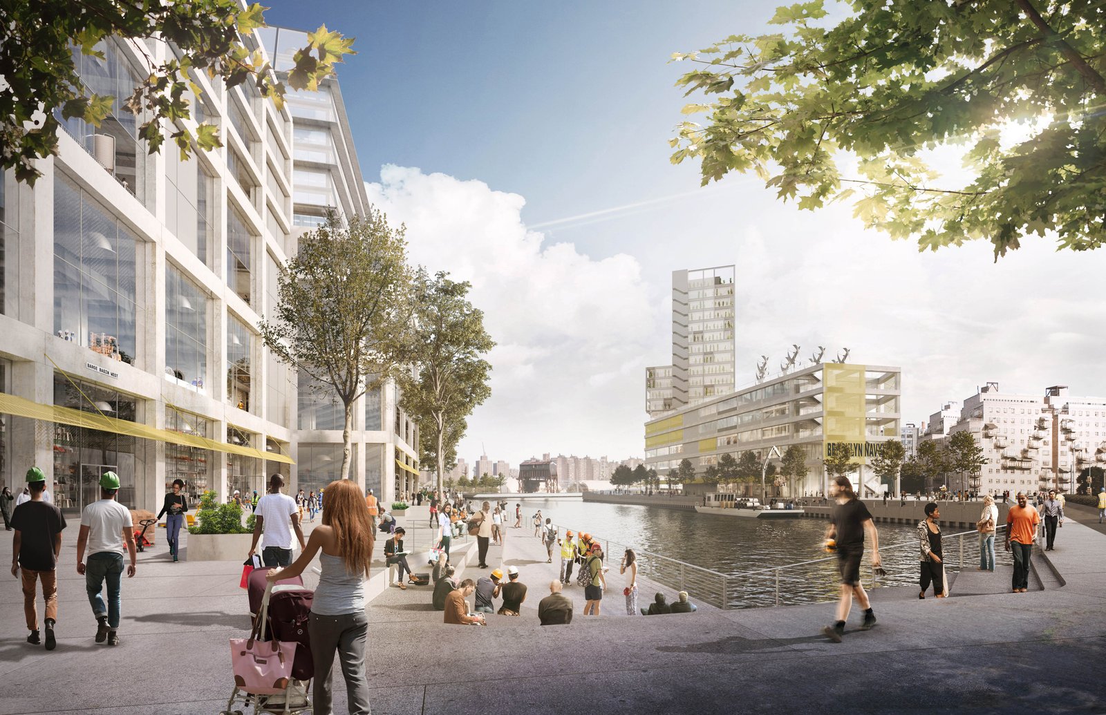 People walking and sitting along the waterfront esplanade at Brooklyn Navy Yard.