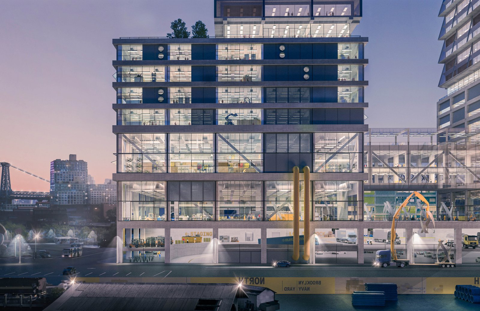 Close-up view of a multi-story building at Brooklyn Navy Yard, showing interior workspaces.